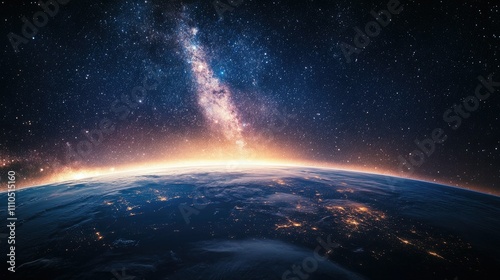 A panoramic view of a futuristic space station orbiting Earth under a starry sky.