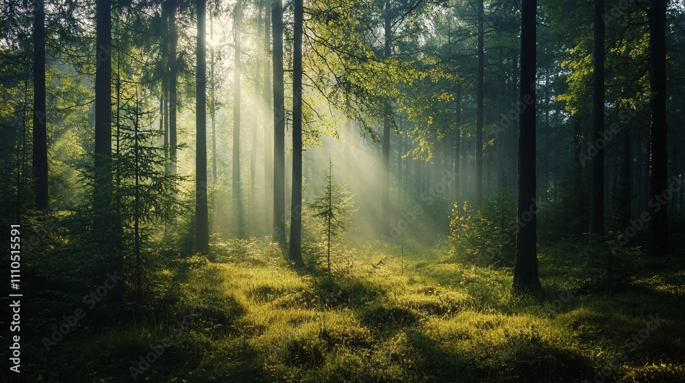 Fototapeta premium Sunbeams filtering through misty forest at dawn