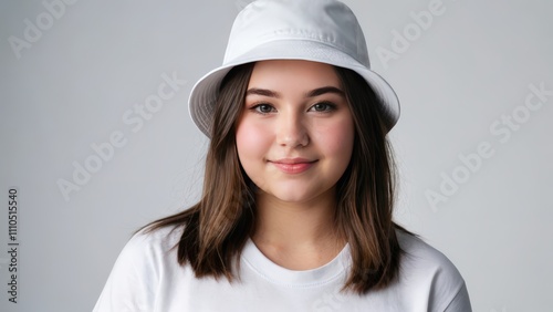 Plus size teenage girl wearing white t-shirt and white bucket hat isolated on grey background