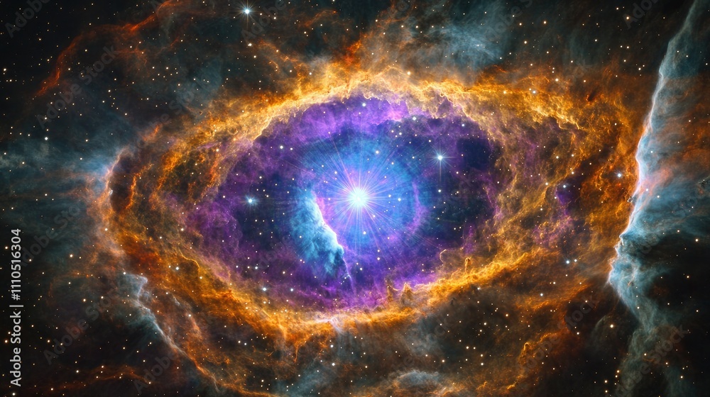 Obraz premium A vibrant, detailed nebula in space with purple, blue, and orange gases swirling around a bright star, creating a spectacular supernova background