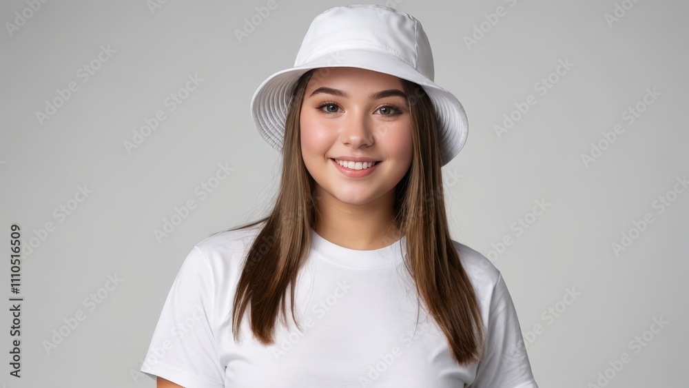 Plus size teenage girl wearing white t-shirt and white bucket hat isolated on grey background Plus size teenage girl wearing white t-shirt and white bucket hat isolated on grey background