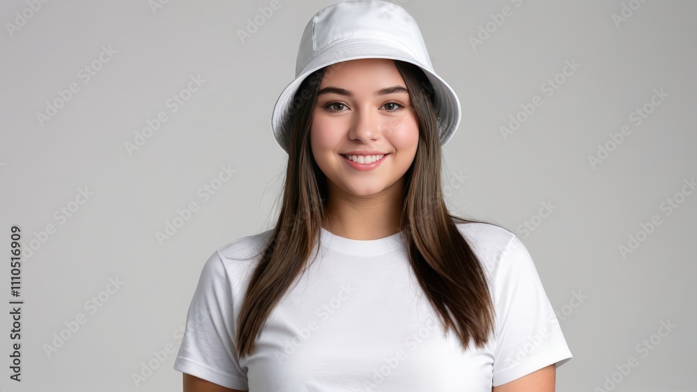 Plus size teenage girl wearing white t-shirt and white bucket hat isolated on grey background Plus size teenage girl wearing white t-shirt and white bucket hat isolated on grey background