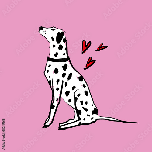 Vector clipart dalmatian dog sticker. Dogs breed. EPS and JPG illustration. Funky doodle trendy petshop print, colorful hand-drawn childish cartoon art. Groovy fauve abstract collage decor elements in