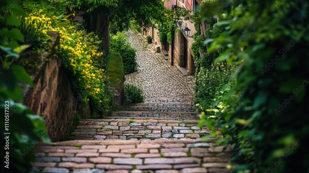 Charming cobblestone footpath winding through lush greenery, leading to the historic old town of Miltenberg, Bavaria, framed by traditional architecture Charming cobblestone footpath winding through lush greenery, leading to the historic old town of Miltenberg, Bavaria, framed by traditional architecture