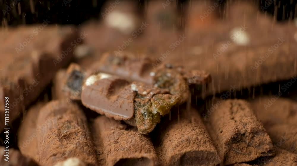 Cocoa powder pouring on milk chocolate bars with nuts and raisins, slow motion. Cocoa powder pouring on milk chocolate bars with nuts and raisins, slow motion.