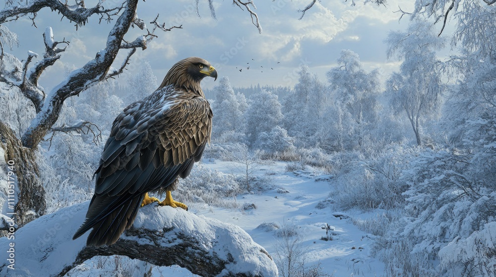 Fototapeta premium Stunning view of a golden eagle perched on a tree in the snow-covered Vitbergets Nature Reserve, with the serene Swedish winter setting framing its elegance.
