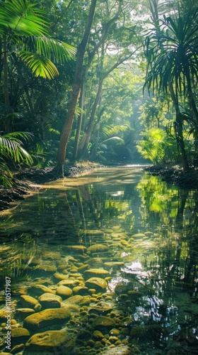 Lush tropical rainforest with a serene river or stream flowing through the verdant jungle landscape  Reflections of the foliage and trees on the calm clear water surface