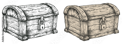 Wooden treasure chests with locks, engraving style, vector illustration.