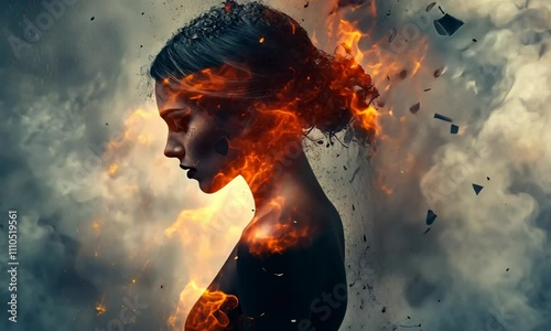 young woman in black and red dress with fire