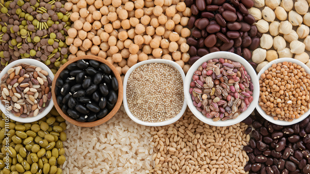 A vibrant assortment of various grains and legumes displayed in bowls, including black beans, chickpeas, lentils, and quinoa, arranged artistically on a textured background. A vibrant assortment of various grains and legumes displayed in bowls, including black beans, chickpeas, lentils, and quinoa, arranged artistically on a textured background.