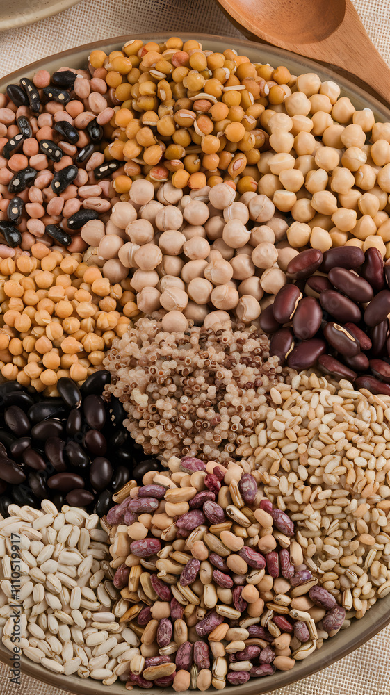 A variety of dried beans and legumes arranged in a circular pattern on a plate The assortment includes chickpeas, lentils, black beans, kidney beans, and more, showcasing different colors and textures A variety of dried beans and legumes arranged in a circular pattern on a plate The assortment includes chickpeas, lentils, black beans, kidney beans, and more, showcasing different colors and textures