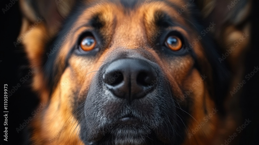Close-up of German Shepherd’s face, detailed nose and bright eyes, sharp focus on dog features, loyal companion, black background, expressive animal portrait. Close-up of German Shepherd’s face, detailed nose and bright eyes, sharp focus on dog features, loyal companion, black background, expressive animal portrait.
