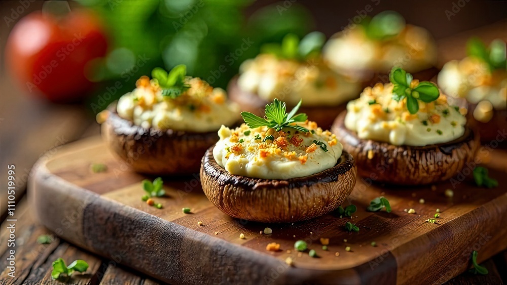 Stuffed mushrooms with cream cheese and herbs, served on a wooden board, rustic and warm Stuffed mushrooms with cream cheese and herbs, served on a wooden board, rustic and warm