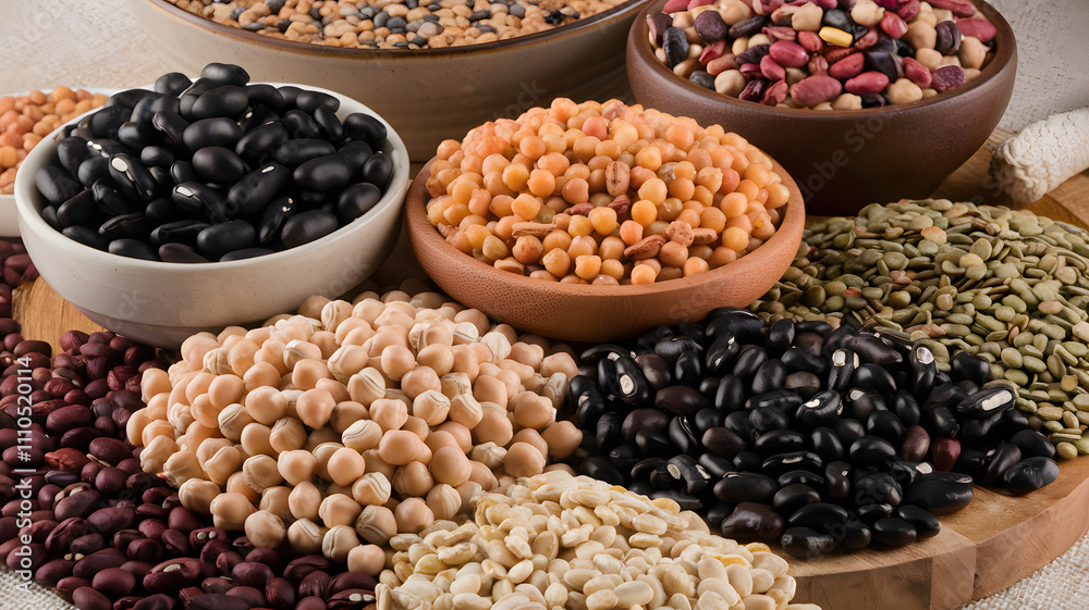 A variety of dried legumes and beans displayed in bowls and on a wooden surface. The assortment includes black beans, lentils, chickpeas, and kidney beans, showcasing different colors and textures. A variety of dried legumes and beans displayed in bowls and on a wooden surface. The assortment includes black beans, lentils, chickpeas, and kidney beans, showcasing different colors and textures.