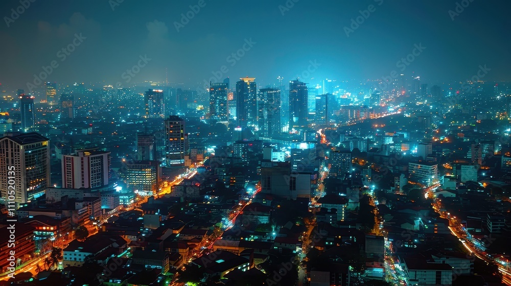 Fototapeta premium A vibrant city skyline illuminated at night, showcasing skyscrapers and busy streets, with a blue-hued glow enhancing the urban atmosphere.