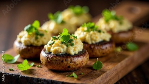 Stuffed mushrooms with cream cheese and herbs, served on a wooden board, rustic and warm