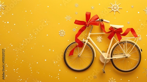 A Christmas-themed cycle with red ribbons on the spokes, set on a bright yellow background with subtle snowflake designs