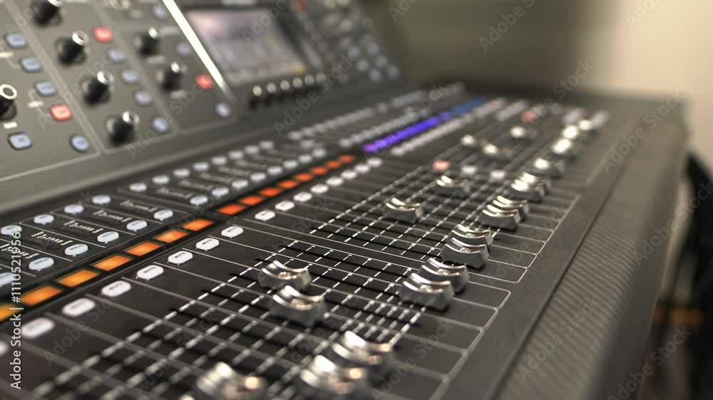 Sound mixing console with moving faders increasing sound. Professional device with equalizers processes and mixes various audio signals Sound mixing console with moving faders increasing sound. Professional device with equalizers processes and mixes various audio signals