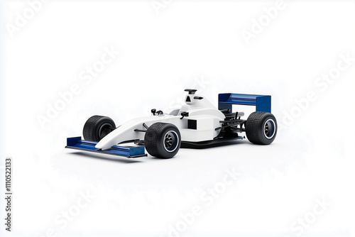 A white and blue race car with a blue wing