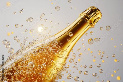 A golden champagne bottle surrounded by dynamic splashes and bubbles, symbolizing celebration, luxury, and festive moments.
