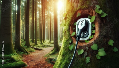 Electric Car Charger on Green Tree Forest Nature Green Energy