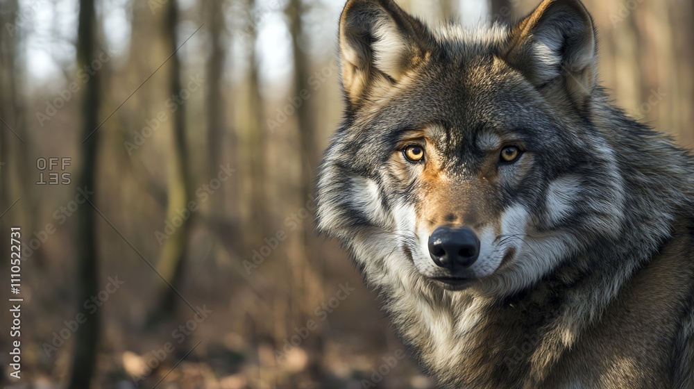 A wolf looks at the camera in a forest. A wolf looks at the camera in a forest.