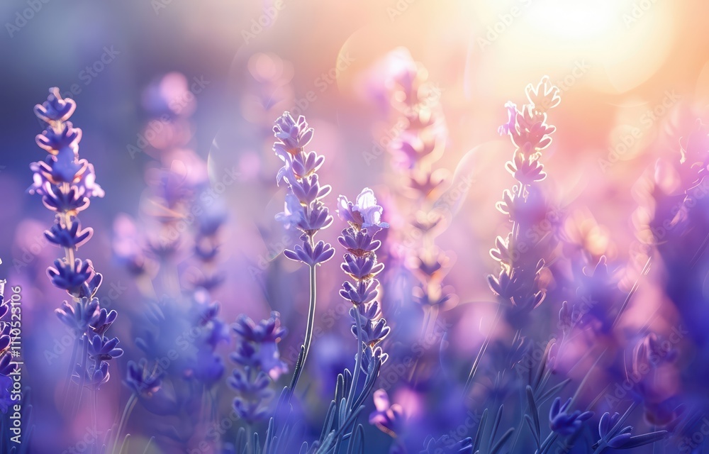 Naklejka premium Soft-focus lavender flowers bathed in sunlight, showcasing a picturesque lavender field and natural landscape in close-up