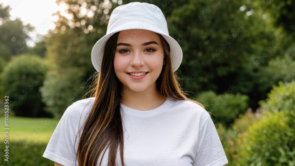 Plus size teenage girl wearing white t-shirt and white bucket hat standing in the garden Plus size teenage girl wearing white t-shirt and white bucket hat standing in the garden