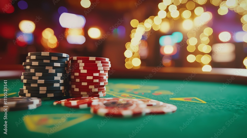 A pile of chips on a casino table. A pile of chips on a casino table.