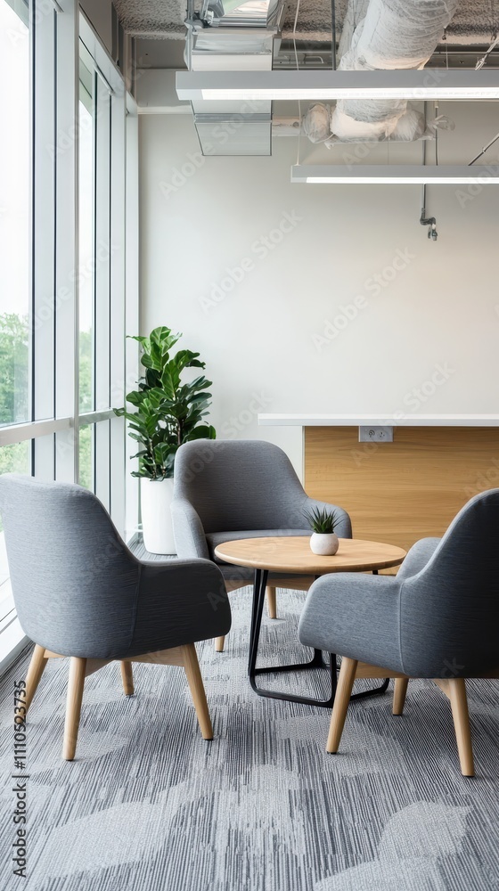 Modern Office Lounge Space with Comfortable Chairs, Minimalist Design, Indoor Plant, and Natural Light Inviting Collaboration and Creativity in Professional Environment Modern Office Lounge Space with Comfortable Chairs, Minimalist Design, Indoor Plant, and Natural Light Inviting Collaboration and Creativity in Professional Environment