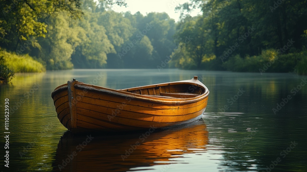 Wooden boat floating on calm river surrounded by lush green forest in peaceful nature, serene water reflection, scenic outdoors, tranquil escape, morning atmosphere. Wooden boat floating on calm river surrounded by lush green forest in peaceful nature, serene water reflection, scenic outdoors, tranquil escape, morning atmosphere.