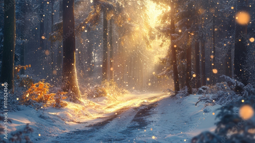 Snowy forest path with sunlight and blurred wildlife background Snowy forest path with sunlight and blurred wildlife background