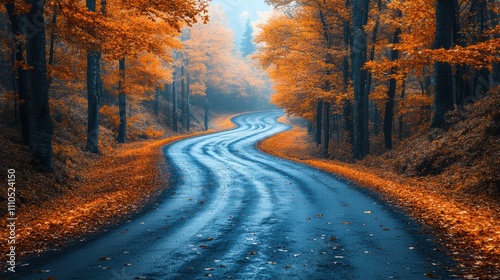 Curvy road through orange autumn forest with vibrant leaves, peaceful scenic pathway, misty atmosphere, serene seasonal drive, tranquil nature landscape, colorful outdoors.