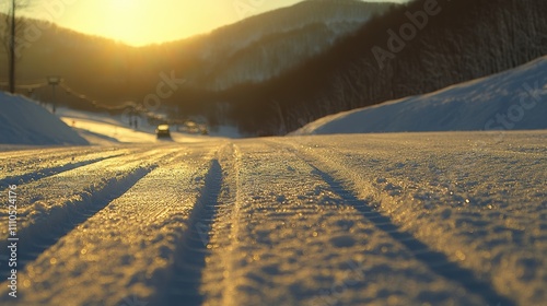 Sunlit winter ski slope with groomed snow and ski tracks