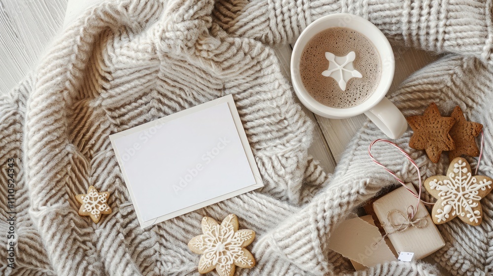 A clean white invitation card placed on a cozy knit blanket with a steaming cup of cocoa and Christmas cookies nearby A clean white invitation card placed on a cozy knit blanket with a steaming cup of cocoa and Christmas cookies nearby