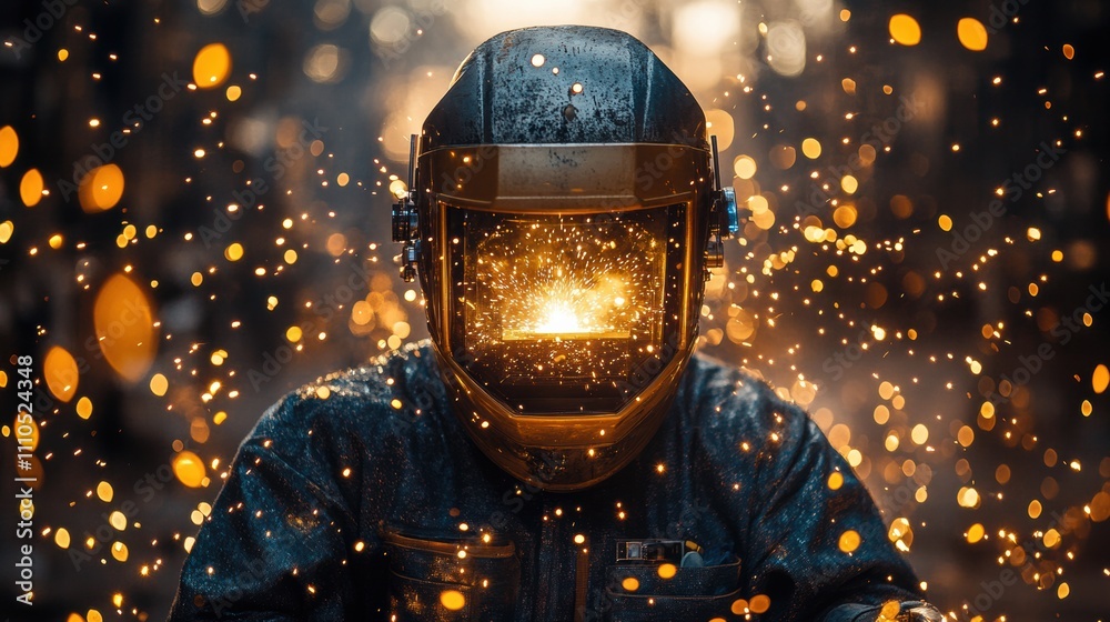Fototapeta premium Welder in protective gear surrounded by glowing sparks, industrial work environment, welding helmet, fiery workshop, skilled craftsmanship, metalworking process, dramatic lighting effects.