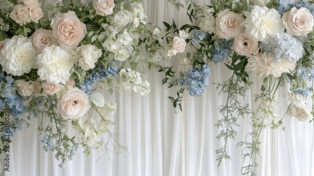 romantic floral installation, pure white fabric backdrop, blush cream blue florals, lush botanical design, wedding arch decor, ethereal drapery, sophisticated arrangement, premium event styling romantic floral installation, pure white fabric backdrop, blush cream blue florals, lush botanical design, wedding arch decor, ethereal drapery, sophisticated arrangement, premium event styling