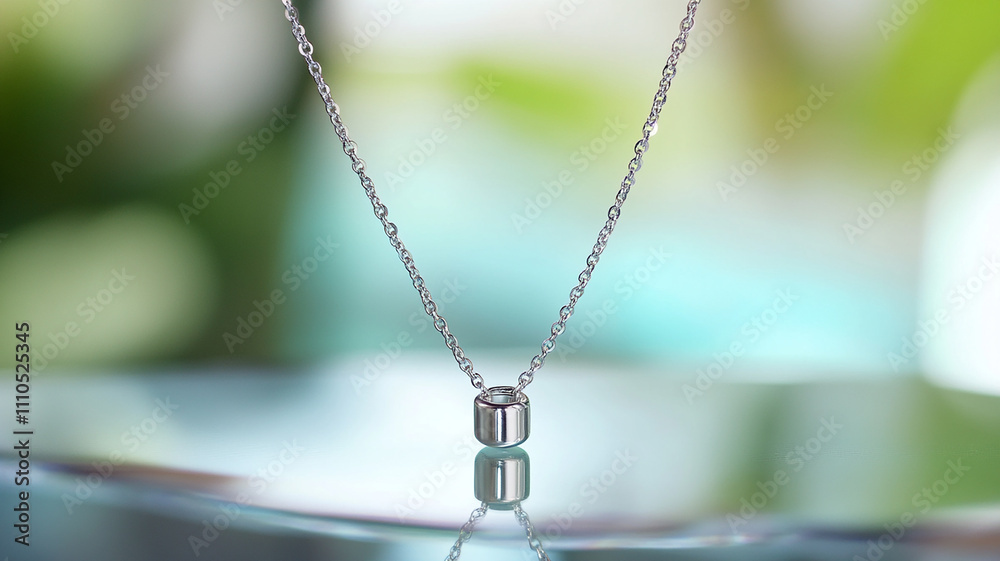 A simple pendant necklace made of silver set against a hazy background on a transparent glass surface A simple pendant necklace made of silver set against a hazy background on a transparent glass surface