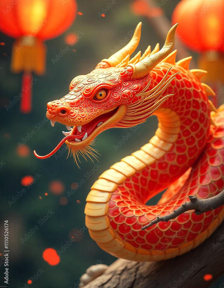 A mythical snake and dragon intertwined, symbolizing harmony and power for the Year of the Snake 2025