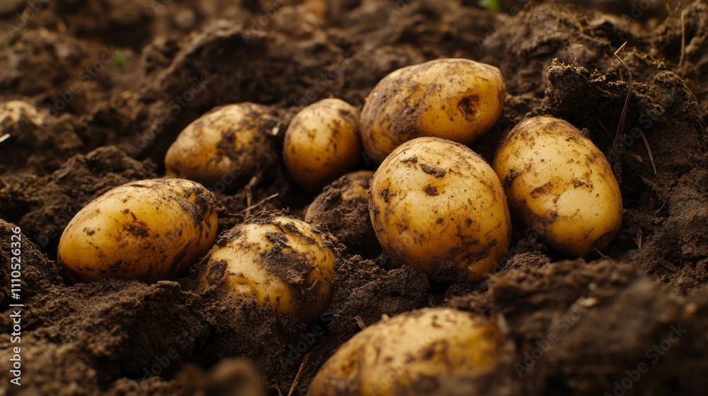 Potatoes lie scattered in dark, moist soil after being freshly dug from the earth, reflecting the rewarding process of harvesting a healthy crop Potatoes lie scattered in dark, moist soil after being freshly dug from the earth, reflecting the rewarding process of harvesting a healthy crop