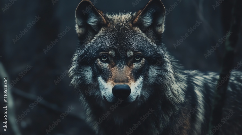 A wolf with piercing eyes stares intensely at the camera from behind a bush of green leaves. A wolf with piercing eyes stares intensely at the camera from behind a bush of green leaves.