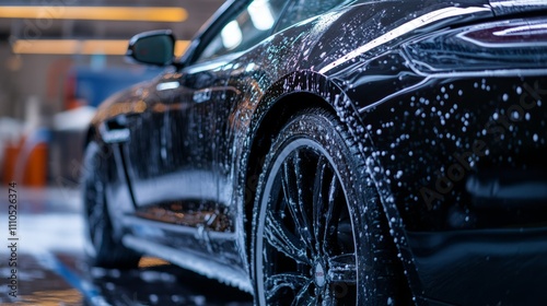 Wallpaper Mural A black sports car gleams under bright lights, its exterior covered in soap foam Torontodigital.ca