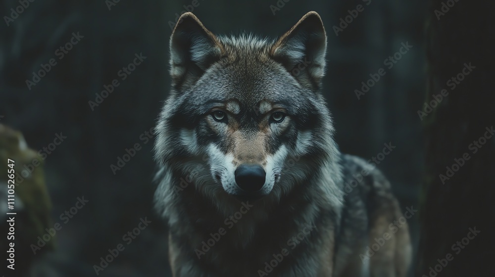 A wolf is looking at the camera in a dark forest.