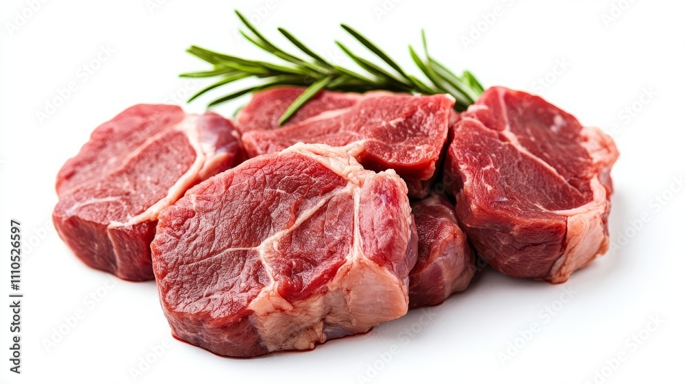 Brightly colored cuts of red meat are arranged neatly with fresh rosemary leaves. This setup is ideal for showcasing ingredients for a delicious meal or recipe Brightly colored cuts of red meat are arranged neatly with fresh rosemary leaves. This setup is ideal for showcasing ingredients for a delicious meal or recipe