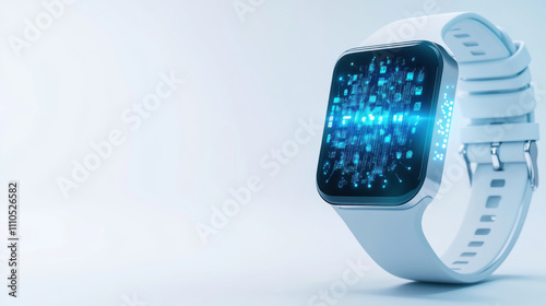 sleek smartwatch with digital display showcasing vibrant blue lights, set against minimalist background. This modern accessory combines technology and style seamlessly