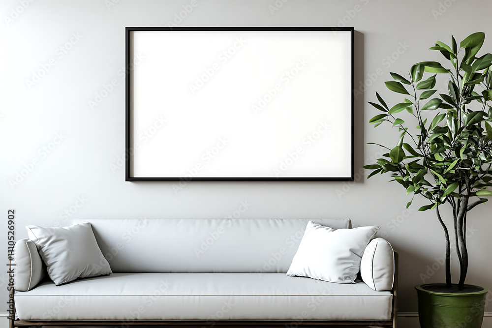 3D-rendered blank poster frame mockup in a Scandinavian-style living room interior with a white sofa, green plant, and modern minimalist design 3D-rendered blank poster frame mockup in a Scandinavian-style living room interior with a white sofa, green plant, and modern minimalist design