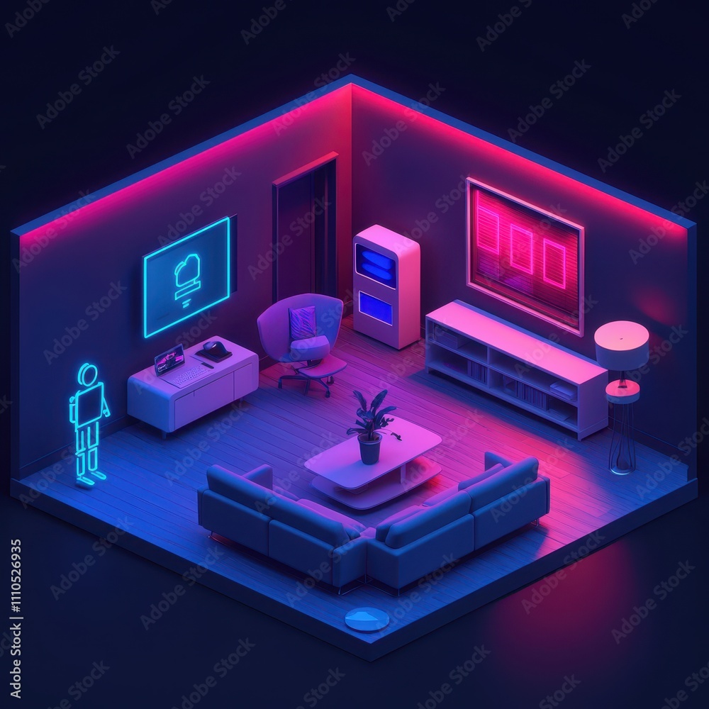 Futuristic Living Room Interior with Neon Lighting and Minimalist Furniture in a Cozy Atmosphere for Modern Lifestyle and Interior Design Inspiration Futuristic Living Room Interior with Neon Lighting and Minimalist Furniture in a Cozy Atmosphere for Modern Lifestyle and Interior Design Inspiration