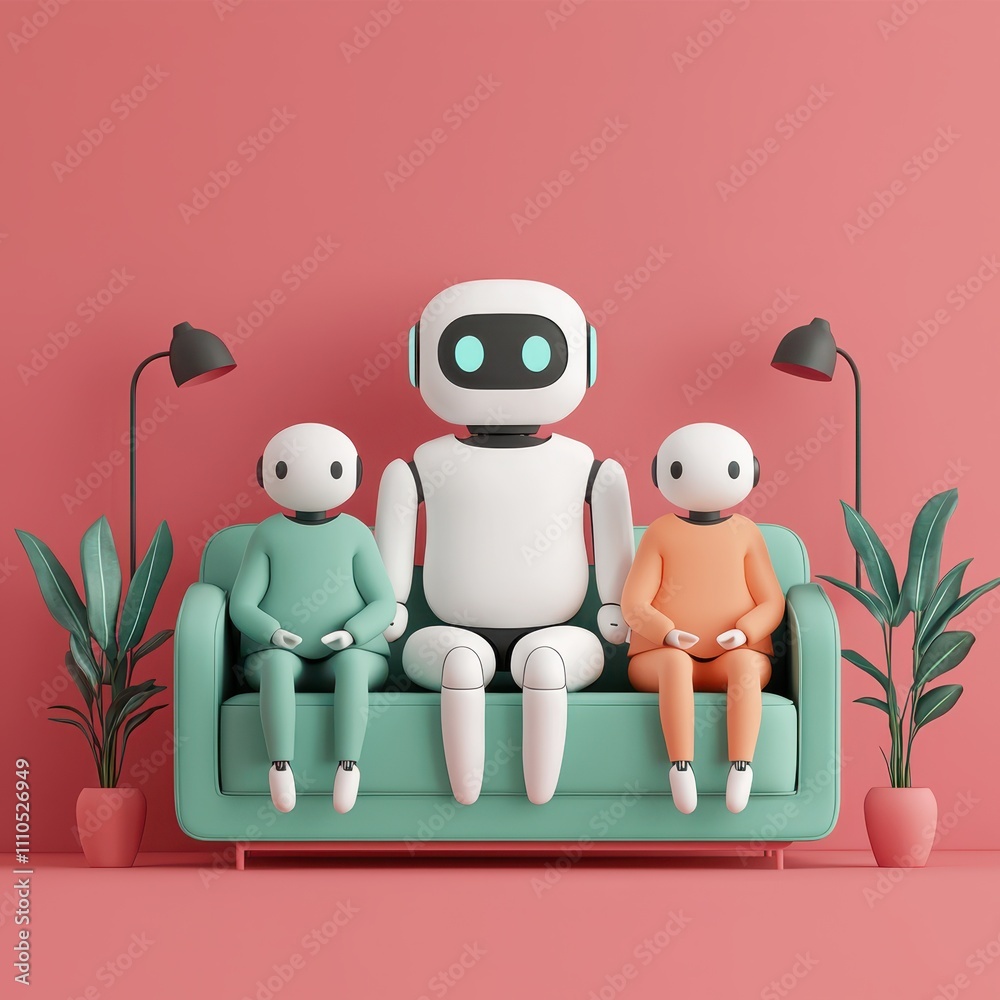 Naklejka premium Three robots sitting on a modern couch in a cozy room, surrounded by plant decor and stylish lamps, engaging in a gaming session with game controllers in hand.