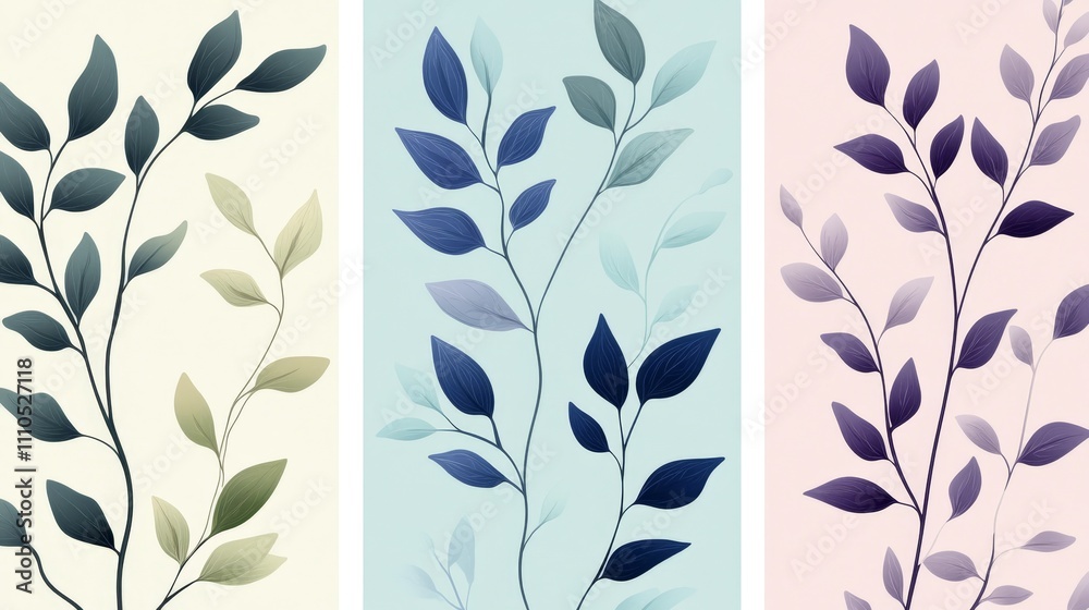 winter woodland collection, ocean blue foliage, mint green leaves, violet stems, abstract floral shapes, professional vector design, harmonious color palette, minimalist botanical art winter woodland collection, ocean blue foliage, mint green leaves, violet stems, abstract floral shapes, professional vector design, harmonious color palette, minimalist botanical art