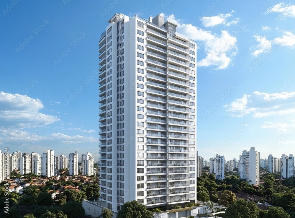 Modern residential skyscraper with white balconies, surrounded by greenery and Cityscape, bright sunny day with blue sky and clouds, luxury urban living, and real estate architecture.